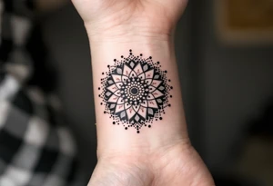 A dotwork circle in black ink fading into soft gradients of gray, forming a mandala-like texture. tattoo idea