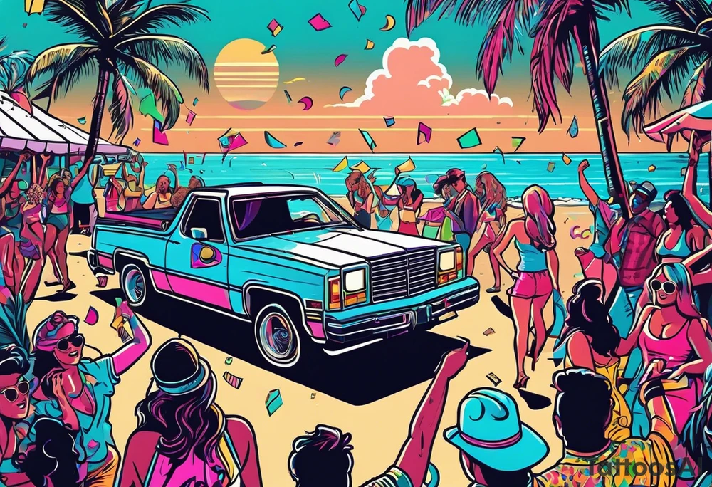 1980's style dance party with boom box and confetti in a beach theme. include people in 80's miami beach clothes, music note. Do not include cars tattoo idea