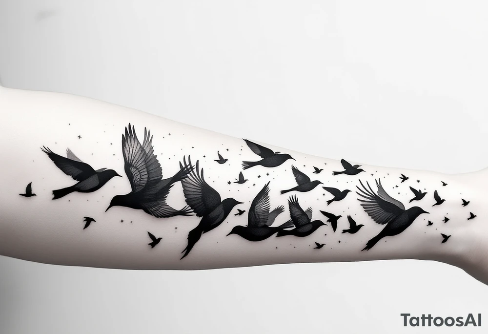 Flock of birds in flight across a fading sky – A dynamic group of birds soaring in various stages of flight, moving from the wrist toward the shoulder (or across the back). The birds start as detailed silhouettes in rich black and gradually become lighter and more abstract, as if dissolving into the wind. tattoo idea