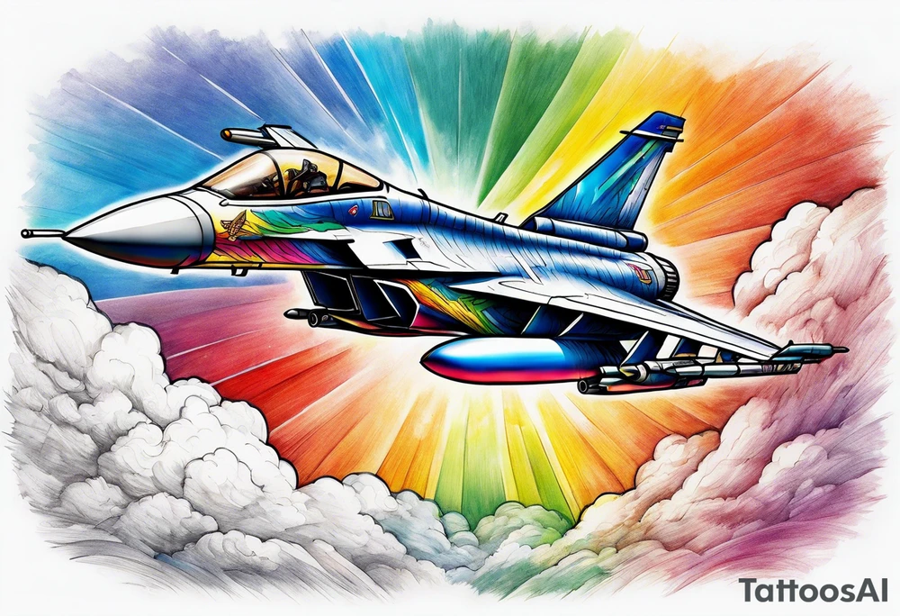 Fighter jet flying through rainbow tattoo idea