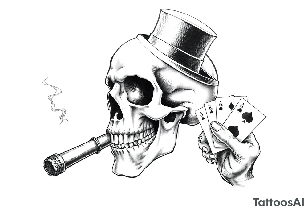 a skull with mustache, a big cigar in his mouth,top-hat on his head and playing cards in a hand. tattoo idea