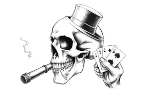 a skull with mustache, a big cigar in his mouth,top-hat on his head and playing cards in a hand. tattoo idea