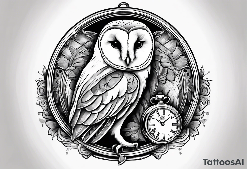 Barn owl holding a pocket watch with the time set at 1:43 tattoo idea