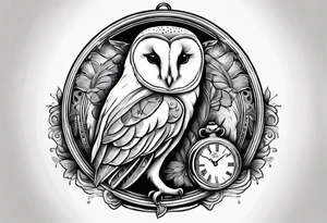 Barn owl holding a pocket watch with the time set at 1:43 tattoo idea