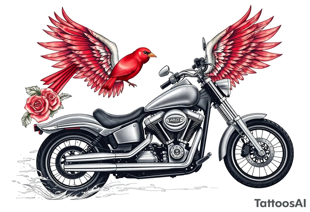 Harley grey motorcycle driving away, two red birds flying, roses, flames, angel wings tattoo idea