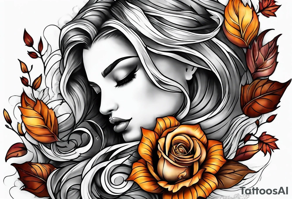 thigh tattoo with fall colors showing, small flowers, roses, water flow, and sky tattoo idea