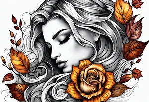 thigh tattoo with fall colors showing, small flowers, roses, water flow, and sky tattoo idea