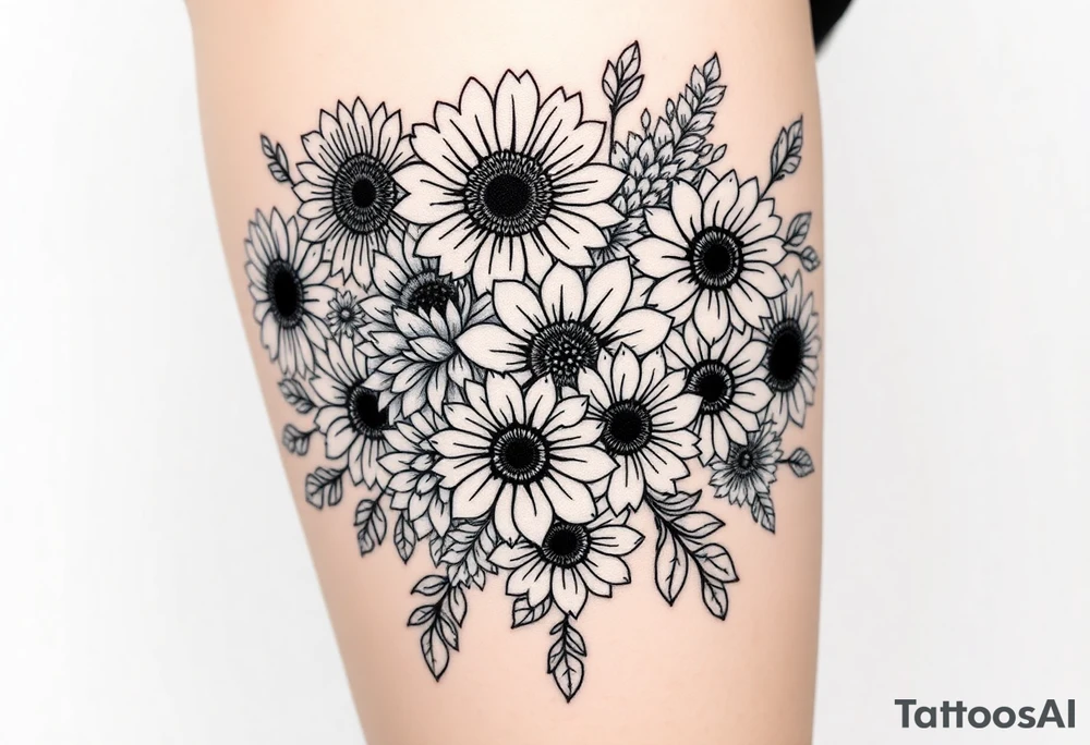 Bouquet of sunflowers, water Lillies, dahlias, marigolds, carnations, hydrangeas, daisys, and chrysanthemums tattoo idea