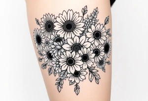 Bouquet of sunflowers, water Lillies, dahlias, marigolds, carnations, hydrangeas, daisys, and chrysanthemums tattoo idea