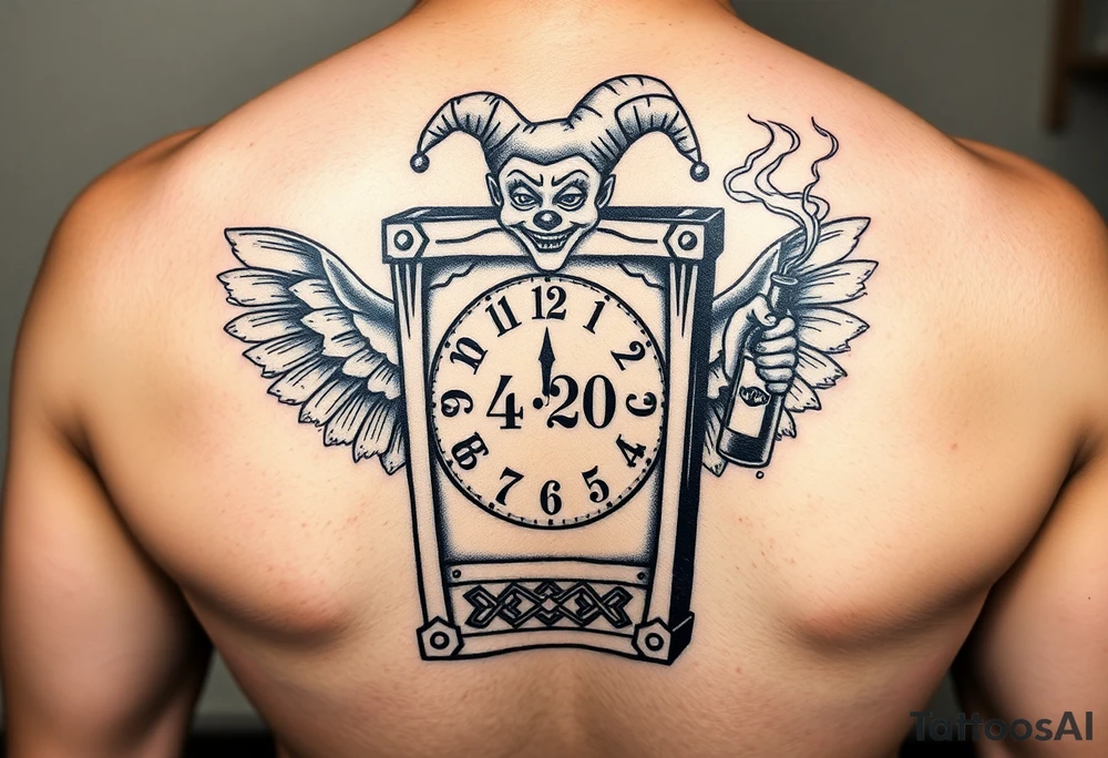jack in the box
the box as a clock with the time 420
two open wings besides the clock
smoke as the spring
a jester clown coming out the smoke
smoking in one hand with a liquor bottle on the other hand tattoo idea