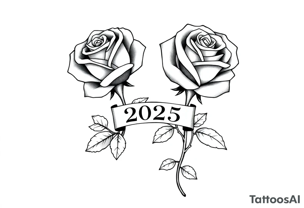 two beautiful large rose buds, one larger than the other, with many leaves next to the rose buds, with one sitting higher than the other. Include a banner connecting the two roses with the year "2025" on it.   Use dark outlines with little shading. The two stems should be short, not long, and connect and join into one stem, whimsically curved or twisted - not straight down. tattoo idea