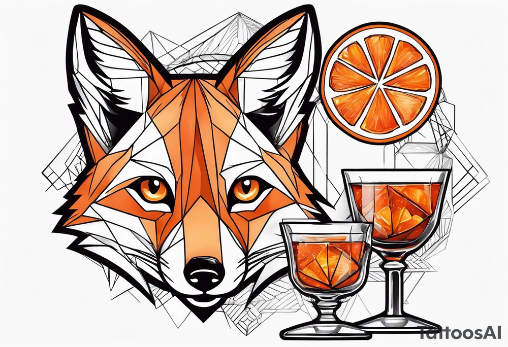 Geometric sly fox with one Negroni in short lowball cocktail glass with ice and orange peel tattoo idea