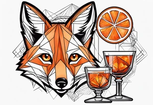 Geometric sly fox with one Negroni in short lowball cocktail glass with ice and orange peel tattoo idea