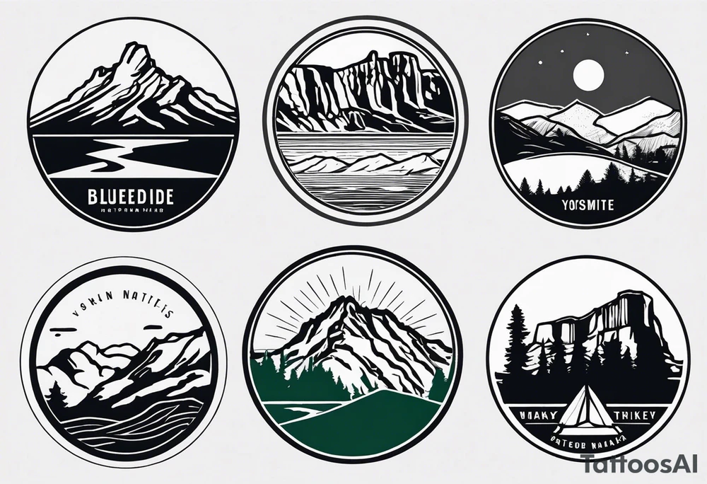 incorporate logos of Yosemite National Park, Bryce Canyon, Zion National Park, Joshua Tree National Park, Smokey Mountains and the Blueridge Mountains into one image. tattoo idea