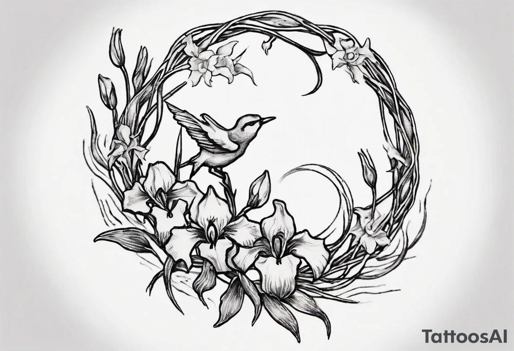 Create a small Vincent van Gogh Irises tattoo. The tattoo should take the form of a crescent, with vines gracefully intertwining at a central point in the middle of the wreath with a bird. The intended placement is on the upper chest. The overall design should be small in size while maintaining a delicate and artistic aesthetic. Pay attention to the graceful flow of the vines and the placement of the irises to achieve a refined and elegant look. tattoo idea