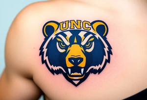 University of Northern Colorado bear mascot  head with Navy blue and yellow with UNC lettering Above head tattoo idea