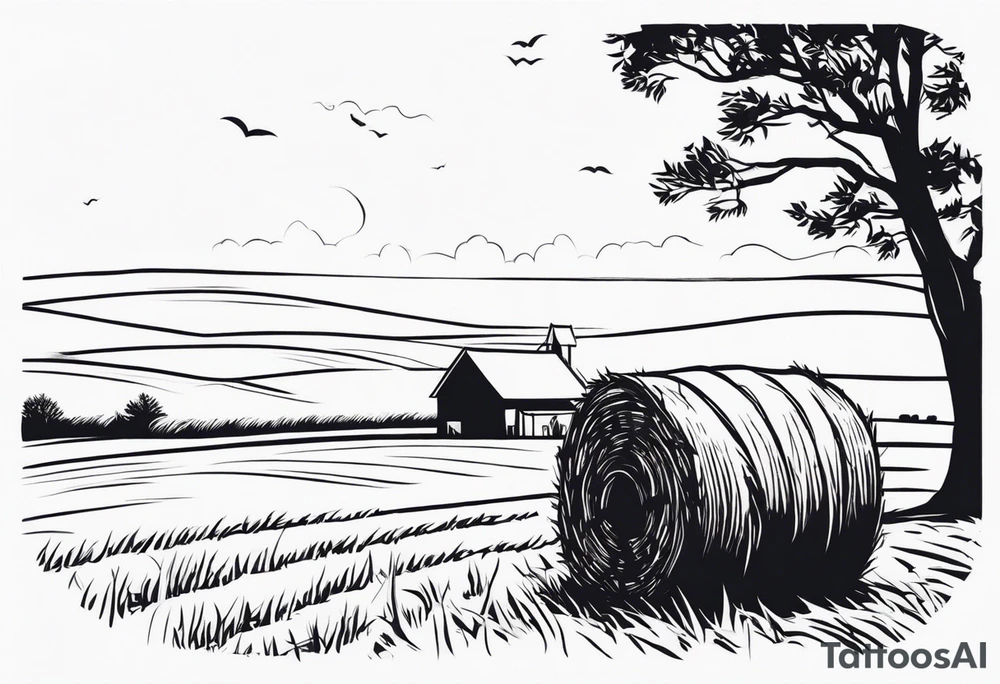 A boy sitting on top of a twisted bale of hay in a field where you can see the same bales of hay in the distance, and a tattoo idea