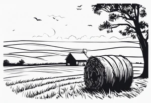 A boy sitting on top of a twisted bale of hay in a field where you can see the same bales of hay in the distance, and a tattoo idea