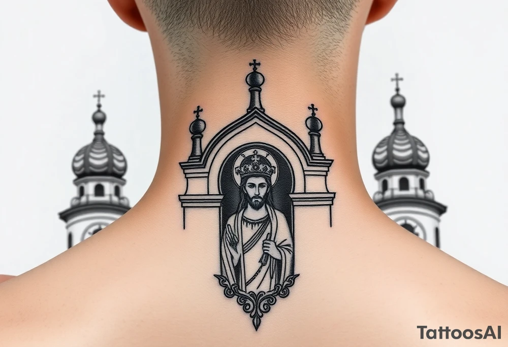 medium sized Russian orthodox church with bulb domes with a prominent russian orthodox mosaic jesus tattoo idea