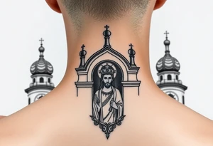 medium sized Russian orthodox church with bulb domes with a prominent russian orthodox mosaic jesus tattoo idea