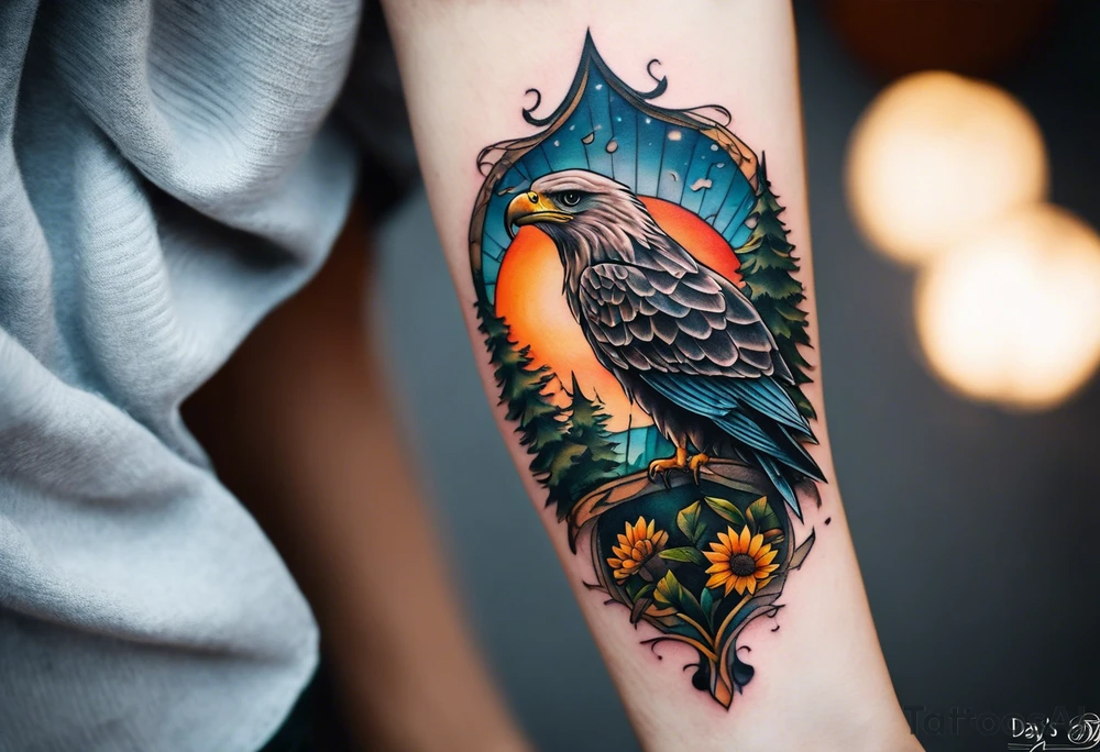 Small norma arm tattoo. Black kite (Daya's name), nature (trees/sea), small sunflower. Soft colours tattoo idea