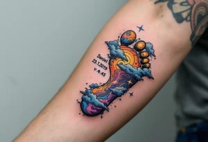 Tiny footprint with the name "Daniel" and 23.1.2019 v 4:45, surrounded by gray and light blue clouds. tattoo idea