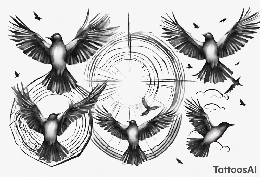 shoulder tattoo with light rays with birds flying free among the clouds, round shape, 3d effect tattoo idea shoulder tattoo with light rays with birds flying free among the clouds, round shape, 3d effect tattoo idea
