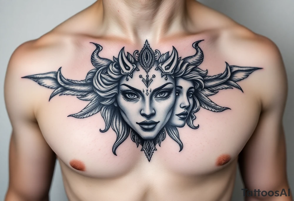 Half hades face and half persephone face middle pf the chest going all the way to both shoulders with background related tattoo idea