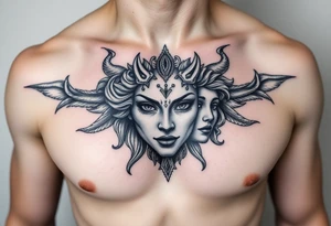 Half hades face and half persephone face middle pf the chest going all the way to both shoulders with background related tattoo idea