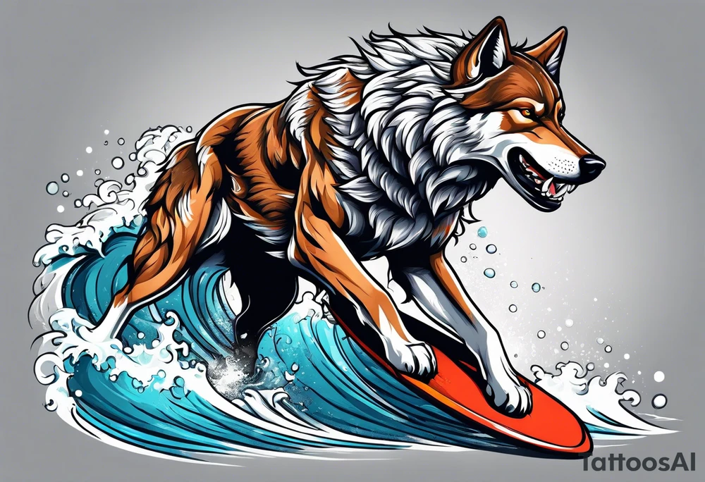 a pack muscular of wolves surfing tattoo idea