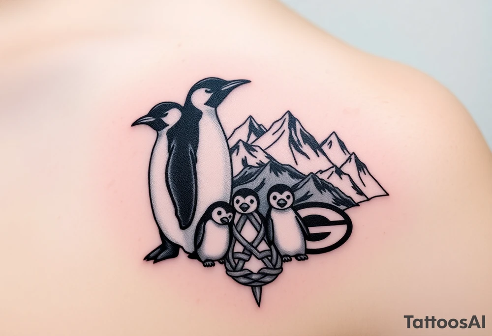 compilation outlining important things in my life such as one adult emperor penguin and 3 baby penguins, celtic trinity knot, mountains/nature, the green bay packers, and something to represent my 3 boys tattoo idea