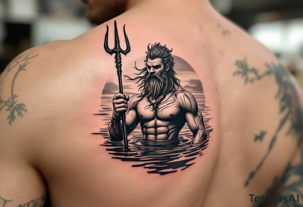 young, happy, fit poseidon in calm water, holding a trident, drinking a beer, with sunset, with ski boat tattoo idea
