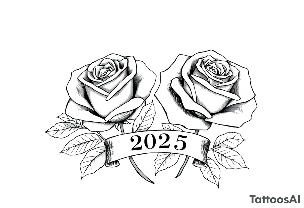 two beautiful large rose buds, one larger than the other, with lots and lots of leaves next to the rose buds, with one sitting slightly higher than the other, side-by-side.  Include a banner connecting the two roses with the year 2025 on it.   Use dark outlines with little shading. No stems tattoo idea