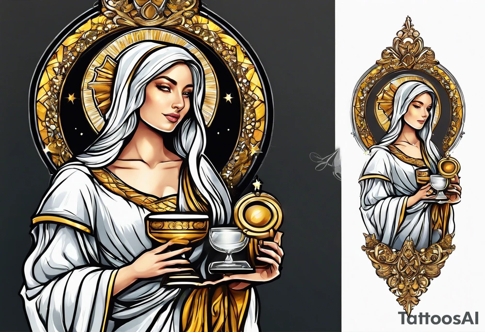 woman saint holding chalice surrounded by golden halo tattoo idea