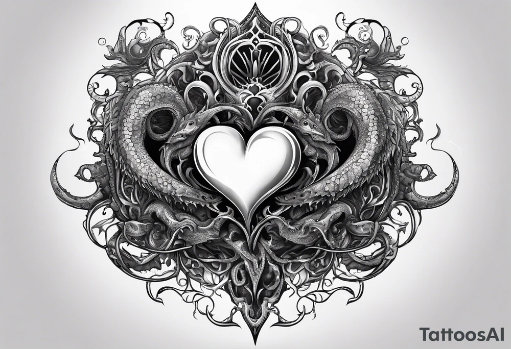 Long tattoo. Lovecraftian creature protecting a heart. tattoo idea