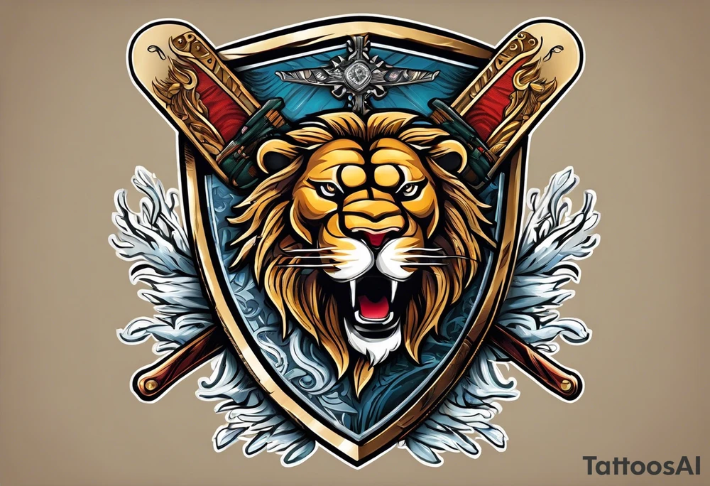 snow skis crossed like an x with a shield in front of them and the swanson crest on the shield being held up by two lions on the left and right side tattoo idea