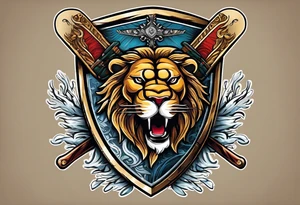 snow skis crossed like an x with a shield in front of them and the swanson crest on the shield being held up by two lions on the left and right side tattoo idea