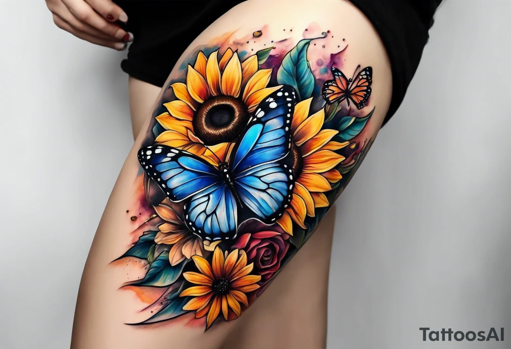 Arm sleeve with sunflowers and butterflies tattoo idea