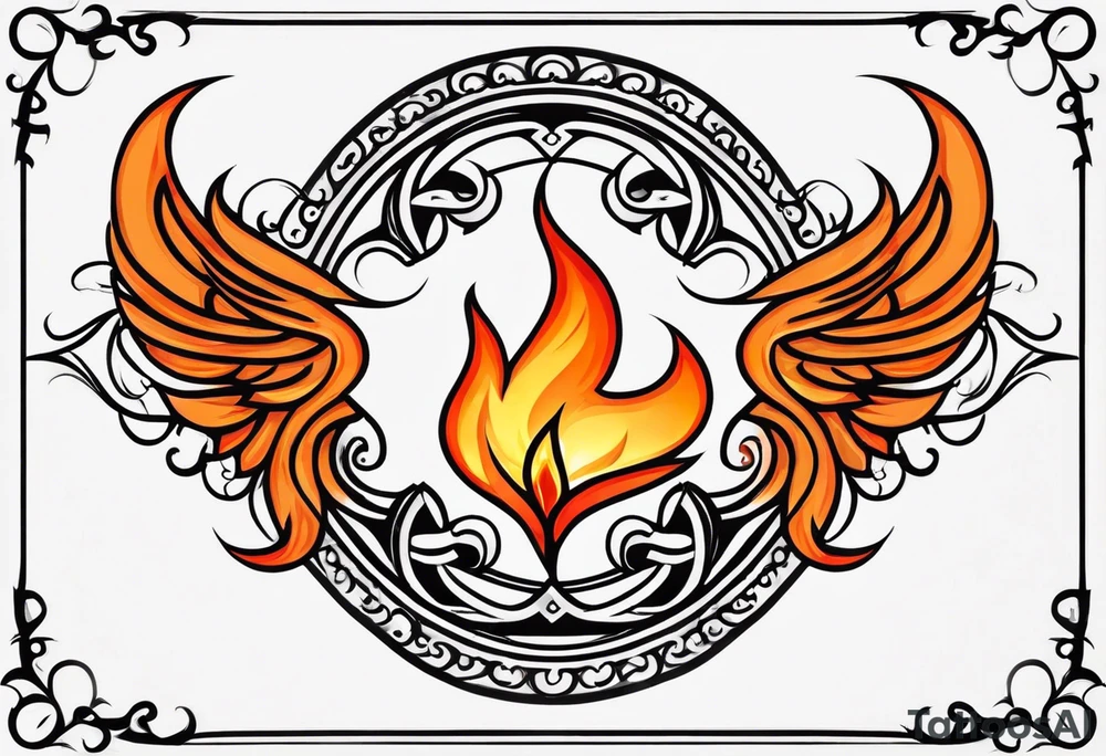 Twin flame symbol and fire. Make it small and minimalistic. Straight clean line border around the flame. Everything else black and white minus the twin flame fire. Flame is blue intertwined with orange/red. tattoo idea