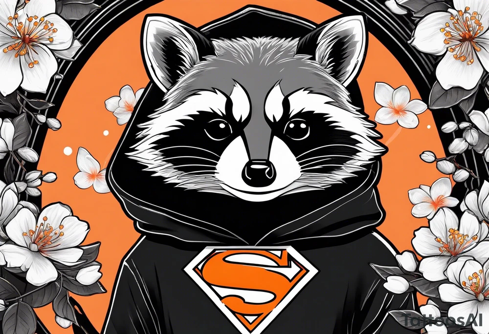 Raccoon wearing a white Superman logo on a black hoodie and orange Japanese cherry blossoms beside tattoo idea