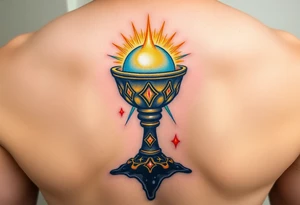 holy grail, glowing with soft blues and golds, surrounded by soft rays of light, standind next to a dark chalice, dripping black liquid, with red glowing symbols tattoo idea