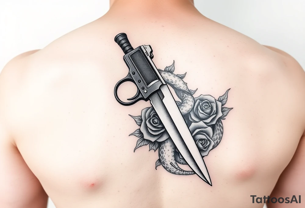 Handgun with knife with snake wrapped around it with roses tattoo idea