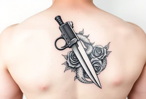 Handgun with knife with snake wrapped around it with roses tattoo idea