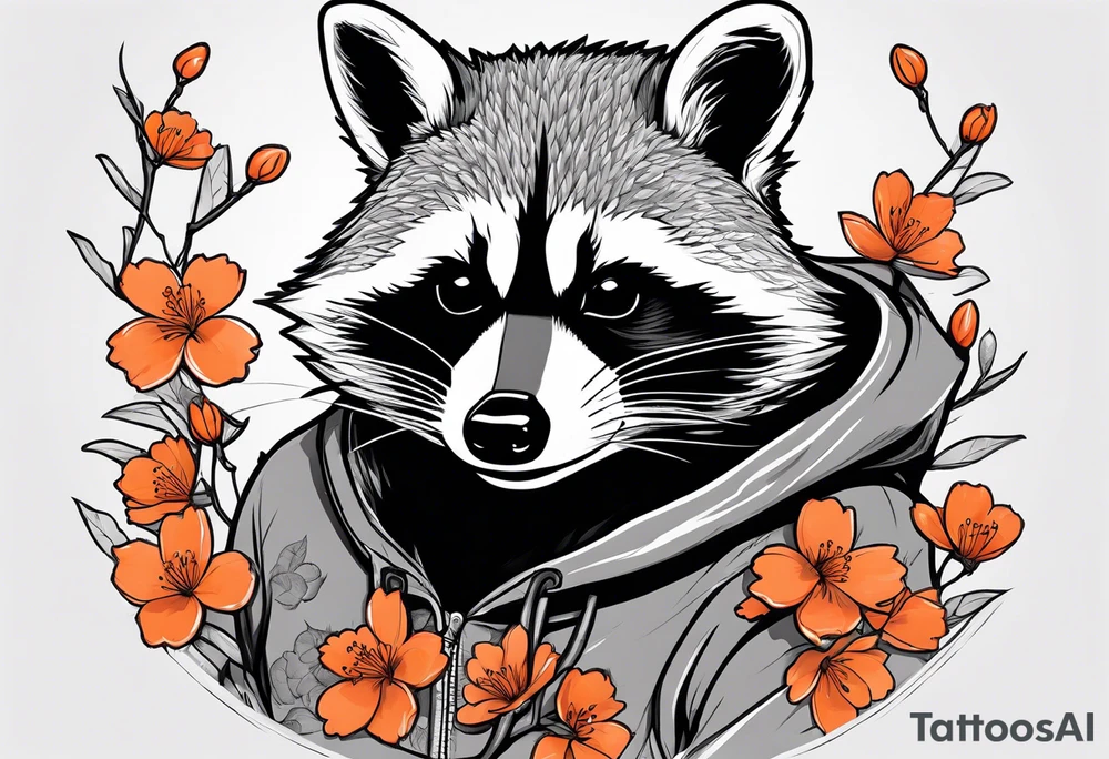 raccoon wearing a Superman hoodie with orange cherry blossoms tattoo idea