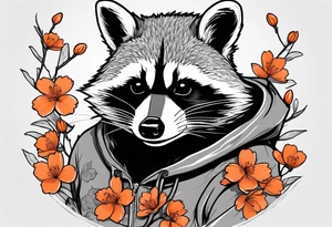 raccoon wearing a Superman hoodie with orange cherry blossoms tattoo idea