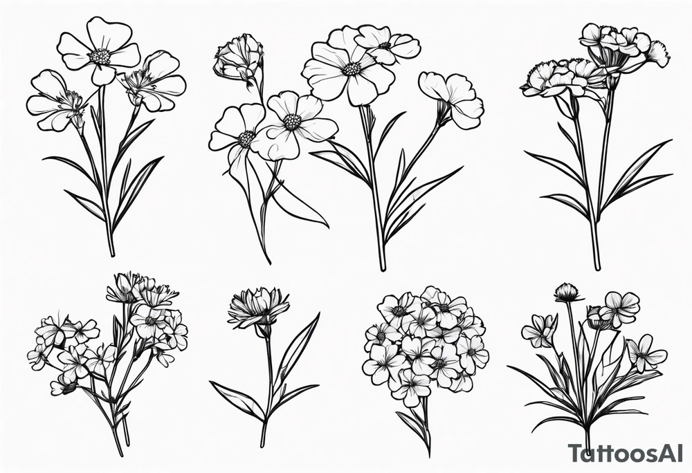 a simplistic bouquet of forget me not flowers, carnation flowers, and aster flowers with a stem tattoo idea