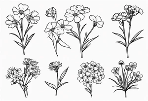 a simplistic bouquet of forget me not flowers, carnation flowers, and aster flowers with a stem tattoo idea