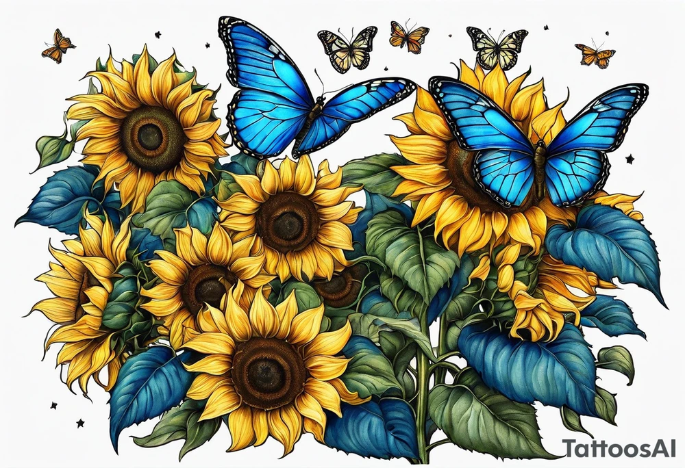 Sunflowers, full moon, blue morpho butterflies cross tattoo idea