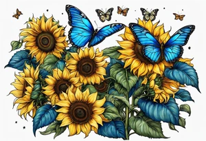 Sunflowers, full moon, blue morpho butterflies cross tattoo idea