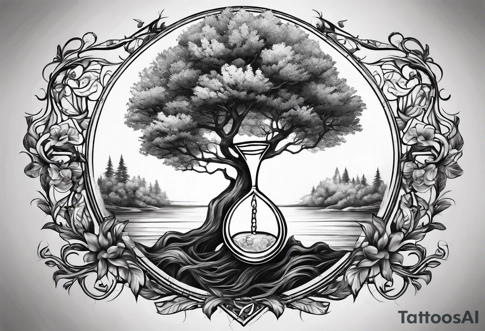 tattoo drawing of a tree on top of a hour glass tattoo idea